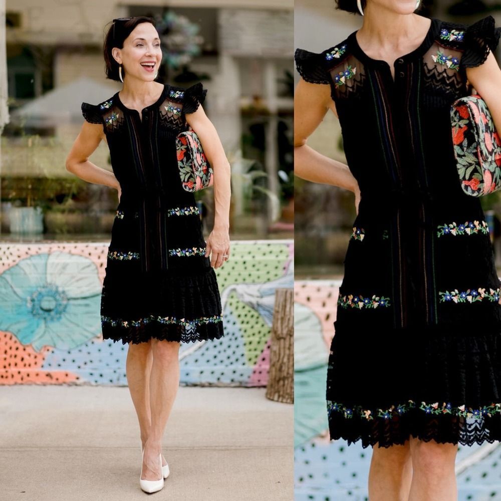 SALONI Black Midi Dress with Multicolor Embroidery